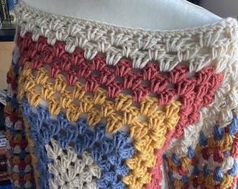 Retro Stripe Off-the-Shoulder Crochet Sweater | Handmade Granny Stitch Pullover