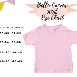 Pode incluir: Uma tabela de tamanhos para camisetas infantis Bella Canvas 3001T. A tabela mostra o peso e o comprimento recomendados em polegadas para cada tamanho: 2T, 3T, 4T e 5T.