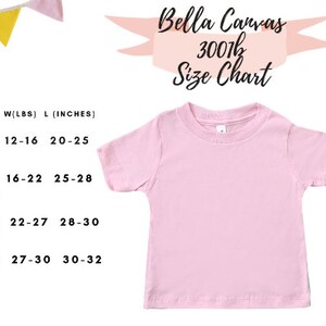 May include: A size chart for Bella Canvas 3001b t-shirts, showing age ranges, weight in pounds, and length in inches.