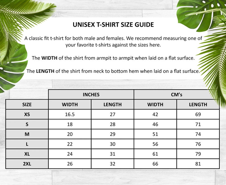 Puede incluir: Gu&iacute;a de tallas de camiseta unisex con medidas en pulgadas y cent&iacute;metros. La tabla muestra el ancho y la longitud de la camiseta para las tallas XS, S, M, L, XL y 2XL.