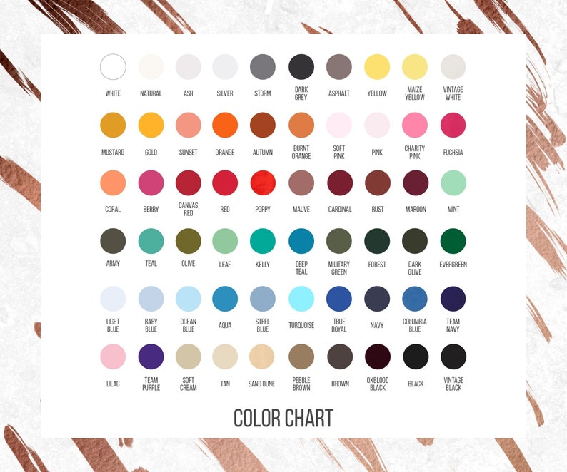 May include: Color chart with 64 different color swatches. The swatches are arranged in rows and columns, with each color labeled with its name. The colors range from white to black, and include shades of red, orange, yellow, green, blue, purple, and brown.