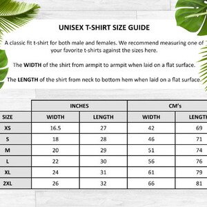 Pode incluir: Guia de tamanhos de camiseta unissex com medidas em polegadas e cent&iacute;metros. A tabela mostra a largura e o comprimento da camiseta para os tamanhos XS a 2XL.