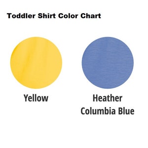 May include: Color chart for toddler shirts showing seven different colors: black, athletic heather, yellow, heather columbia blue, red, and pink.