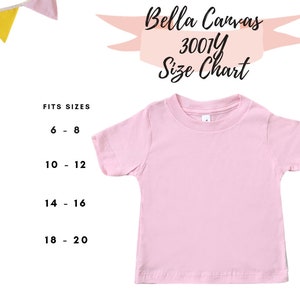Pode incluir: Uma tabela de tamanhos para camisetas infantis Bella Canvas 3001Y. A tabela mostra os tamanhos infantis S, M, L e XL, com tamanhos correspondentes de 6-8, 10-12, 14-16 e 18-20.
