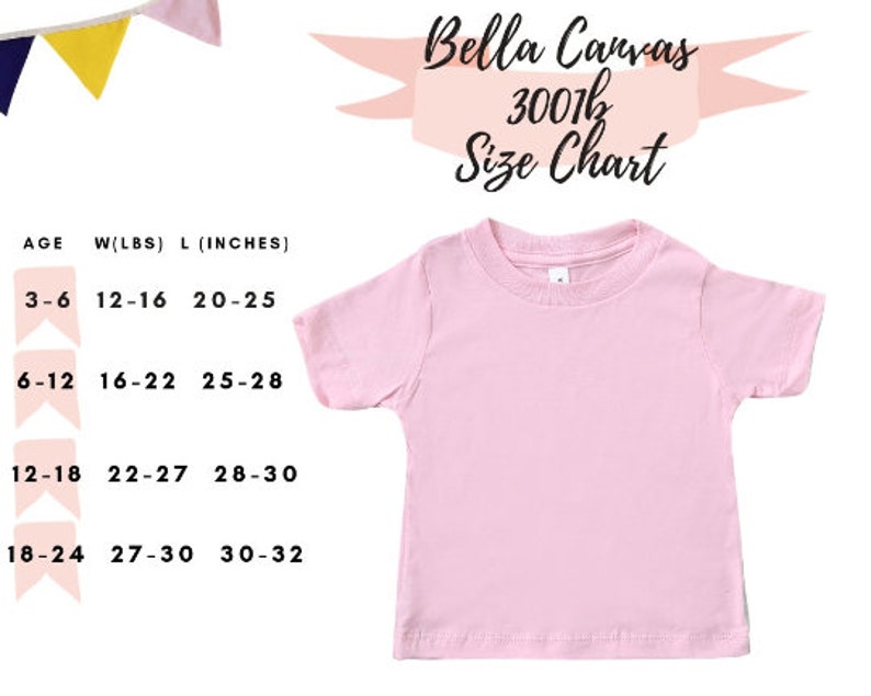 May include: A size chart for Bella Canvas 3001b t-shirts, showing age, weight, and length in inches. The chart shows sizes for ages 3-6, 6-12, 12-18, and 18-24.