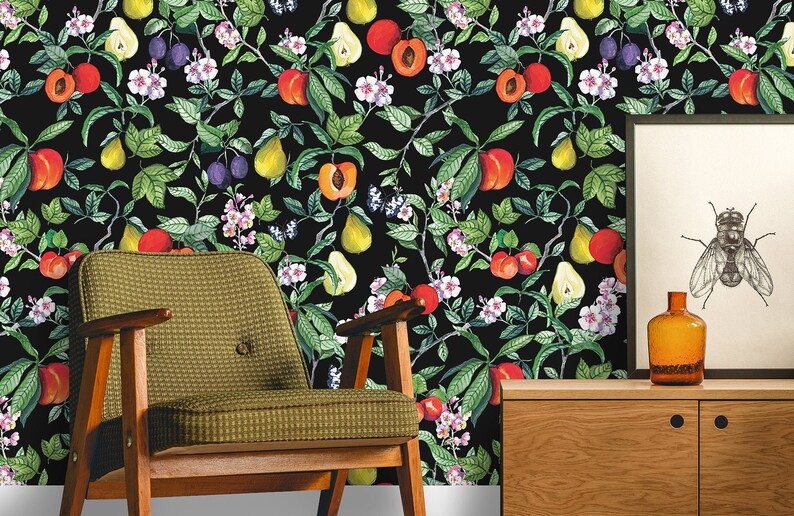 Retro Fruit Peel and Stick Wallpaper Pear Peach & Flowers | Etsy
