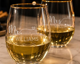 Engraved Mr. and Mrs. Gold Rim Stemless Wine Glass, Personalized Stemless Wine Glass, Custom Wine Glass, Home Bar Gift, Wedding Gift