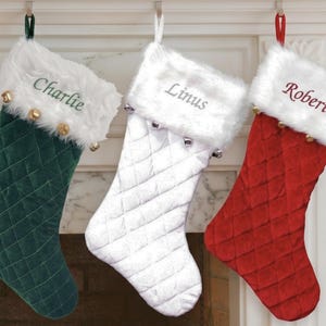 Personalized Christmas Stocking, Embroidered Stocking, Custom Name Stocking with Bells, Quilted Holiday Stocking in White, Green or Red