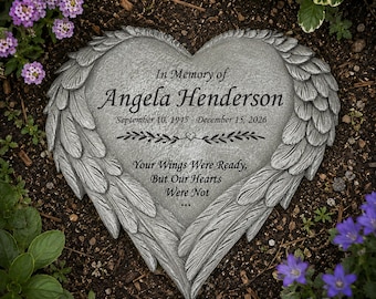 Personalized Memorial Stone for Loved Ones, Angel Wings Memorial, Heart Shaped Stone, Grave Marker, In Memory Of