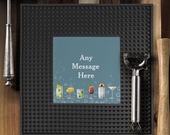 Any Message Drinkware with Bubbles Square Bar Mat, Customized Bar Mat, Home Bar Accessories, Fathers Day Present, Beer Coaster, Gift For Her