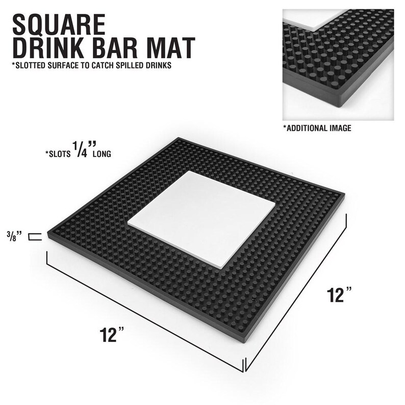May include: A square black rubber drink bar mat with a central white square insert. The mat features a raised nub surface to catch spills, measuring 12 inches by 12 inches, with a 3/8 inch thickness and 1/4 inch long slots.
