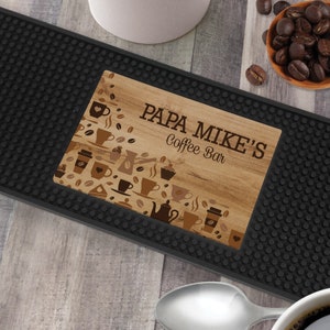 Personalized Coffee Icon Wood Background Bar Mat, Customized Bar Mat, Coffee Bar, Coffee Present, Coffee Mat -pgsU20943132