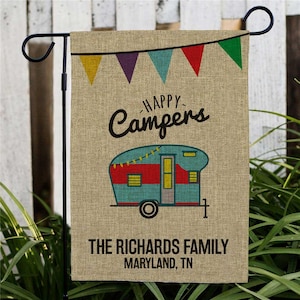 Happy Camper Personalized Burlap Garden Flag, camping, garden decor, yard flag, burlap, family camping trip, summer decor, outdoor decor