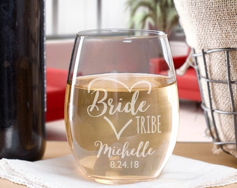 Bride Tribe Personalized Stemless Wine Glass 17 oz., bridal party gift, bachelorette party favor, bridesmaid gift -pgsL13301265