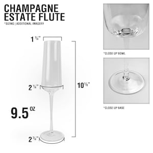 May include: A clear glass champagne estate flute with a 9.5 oz capacity. Dimensions include a 10 5/8 inch height, 1 3/4 inch rim diameter, 2 1/4 inch bowl diameter, and 2 3/4 inch base diameter. Includes close-up views of the bowl and base.