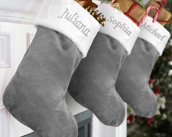 Personalized Gray Christmas Stocking, Grey Stocking, Plush Embroidered Stocking, Personalized Stocking, Holiday Decor, Family Stockings