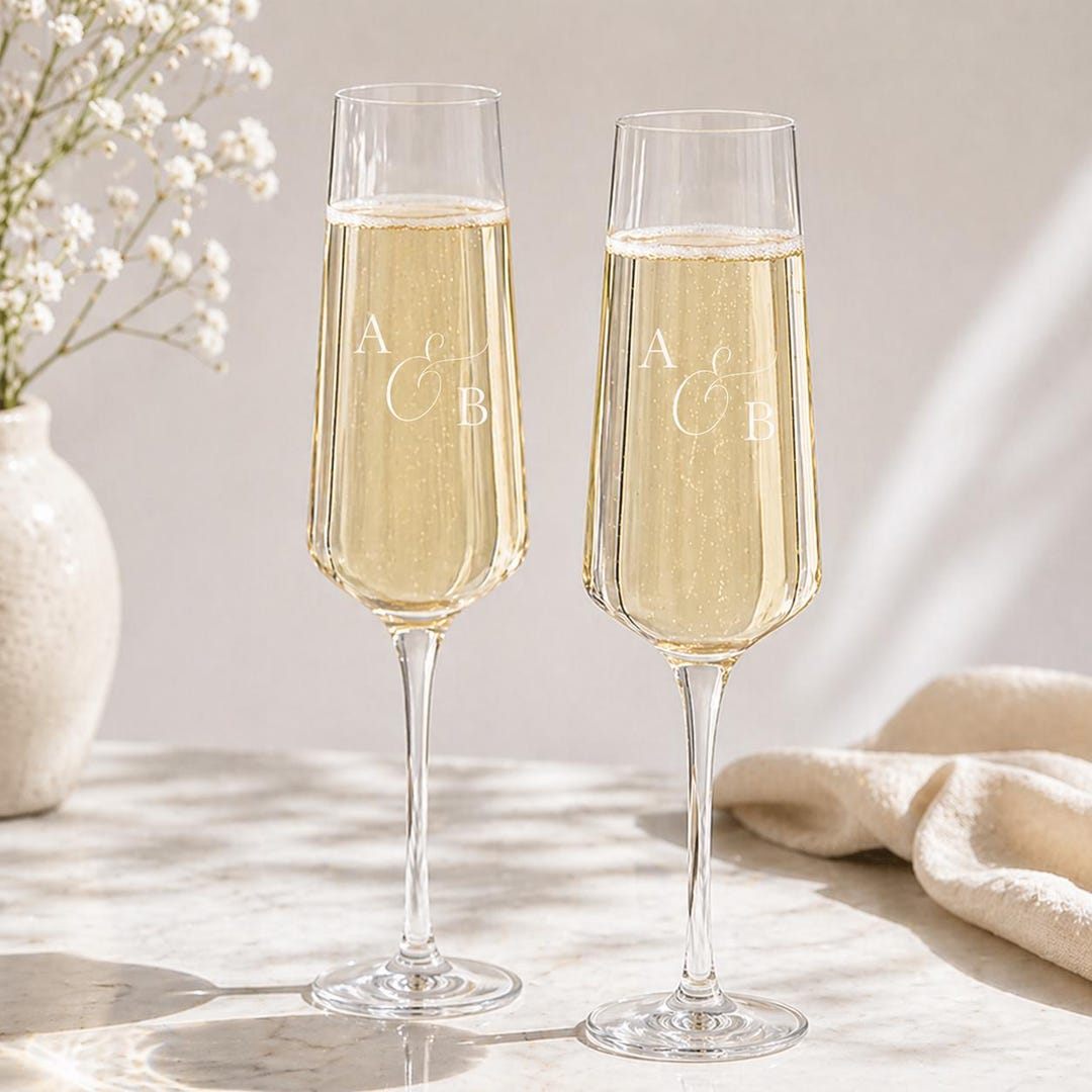 Personalized Wedding Champagne Glasses With Initials, Custom Engraved Toasting Flutes For Newlyweds, Anniversary Gift, Mr. and Mrs. Glasses