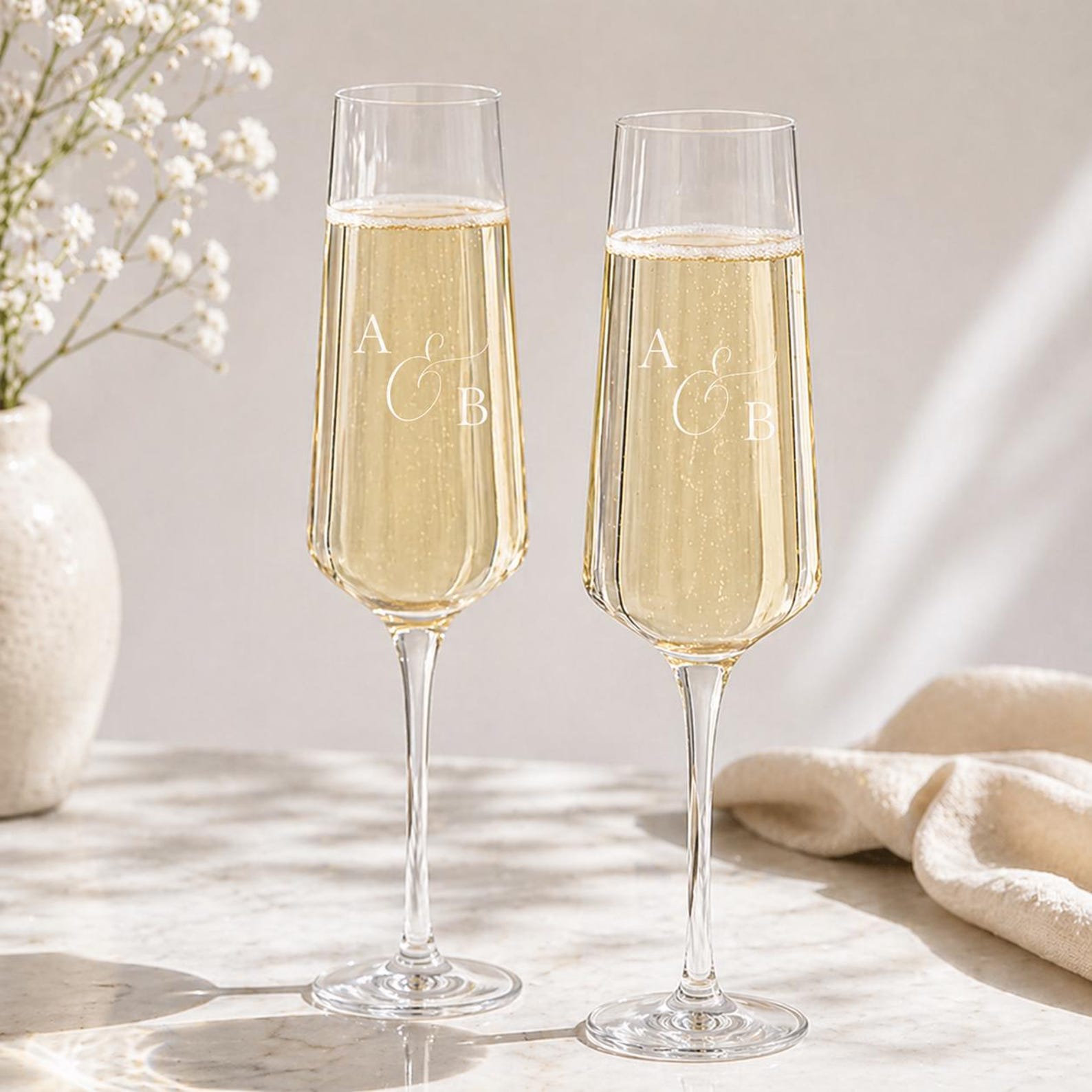 Personalized Wedding Champagne Glasses With Initials, Custom Engraved Toasting Flutes For Newlyweds, Anniversary Gift, Mr. and Mrs. Glasses