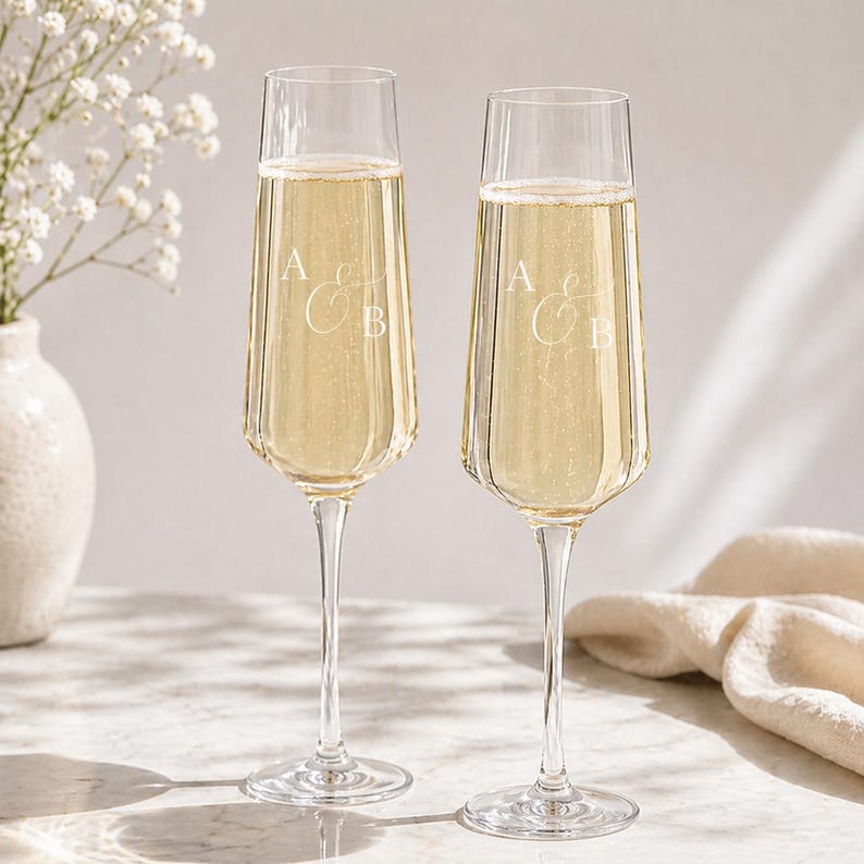 May include: Two clear glass champagne flutes with a faceted stem and base design. Each glass is filled with a pale yellow sparkling liquid and features the white etched monogram letters A & B centered on the front of the bowl.