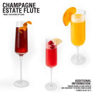 May include: Three clear glass champagne estate flutes, each filled with a different colored beverage. One contains a dark red liquid with an orange peel garnish, one a bright red liquid with raspberries and lemon, and one a yellow liquid with a peach slice.