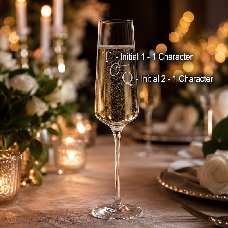 May include: A clear glass champagne flute filled with sparkling liquid, featuring the etched letters T and Q separated by an ampersand. Text on the image reads: T - Initial 1 - 1 Character and Q - Initial 2 - 1 Character.