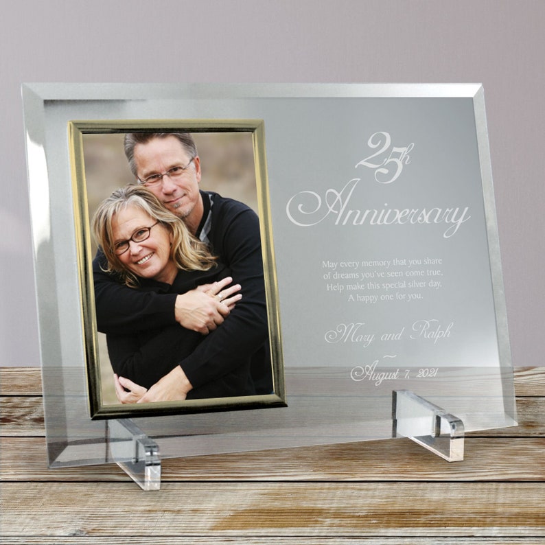 a handmade personalized beveled heavyweight picture frame with clear easel legs is perfect for silver anniversary gift