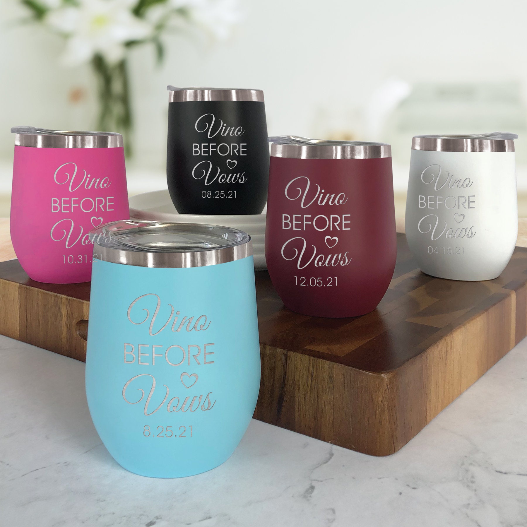 Personalized Bridesmaid Wine Tumbler Glasses with 3 Wreath Floral Frames - Front & Back Design - Custom Text from BluChi