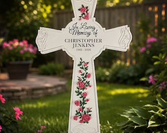 Personalized Memorial Garden Cross with Roses, Custom Outdoor Sympathy Cross, In Loving Memory Grave Marker, Bereavement Gift for Loss