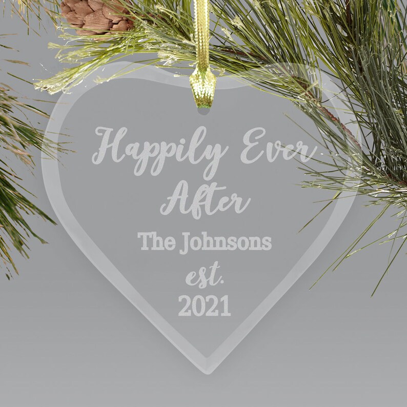 Engraved Happily Ever After Glass Heart Ornament Personalized Wedding Ornament Couples Gift Engagement Gift Bride and Groom -pgs8109154H