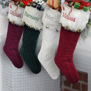 Personalized Embroidered Quilted Stocking with Bell, Green Stocking, White Christmas Stocking, Red