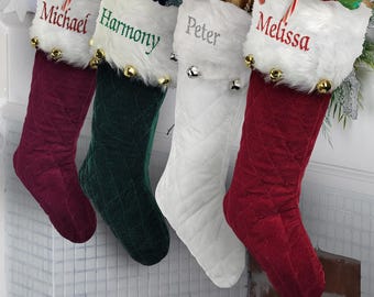 Personalized Embroidered Quilted Stocking with Bell, Green Stocking, White Christmas Stocking, Red