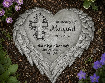 Personalized Cross Memorial Stone, Angel Wings Memorial, Heart Shaped Stone, Grave Marker, In Memory Of, Sympathy Gift