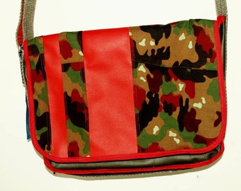 M-0050 Messenger Bag in Swiss &quot;Alpenflage&quot; and red faux suede