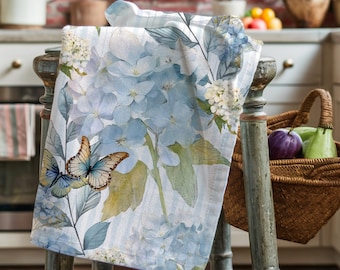 Hydrangea Kitchen Tea Towel Blue Floral Watercolor Art Butterfly Accent Farmhouse Cottage Style Textile Gift Coastal Housewarming Present