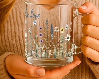Wildflower Meadow Glass Mug Mom I Love You Floral Coffee Tea Cup Mothers Day Gift  Watercolor Flower Design Present Hot Cold Drinking Vessel