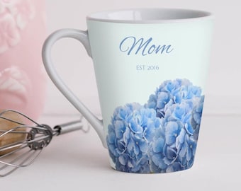 Floral Mother Day Latte Mug Blue Hydrangea Mom Gift Flower Lover Wide Mouthed Ceramic Drinking Vessel Custom Yellow Green Pink Tea Cup