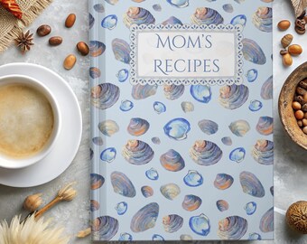 Mother Day Recipe Book Mom Memories Journal Shell Pattern Hardcover Notebook Hand Painted Shell Design Coastal Personalized Name Note Keeper
