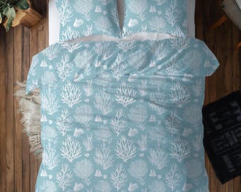 Sea Coral Pattern Microfiber Duvet Cover Coastal Blue Shell Bedding Ocean Life Designed Linen Seafoam Comforter Set Matching Pillow Sham