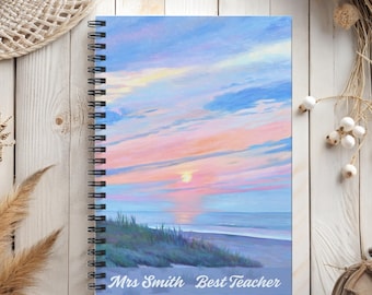 Teacher Spiral Notebook Gift Personalized Sunset Beach Art Classroom Activity Planner Daily Tracking Coastal Record Keeper Lesson Organizer