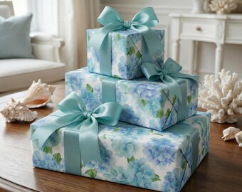 Blue Flower Pattern Wrapping Paper Floral Gift Wrap Roll Nantucket Hydrangea Boutique Paper Good Seaside Garden Elegant Present Packaging