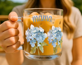 Hydrangea Mama Glass Mug Blue Flower Clear Tea Cup Floral Lover Mother Day Gift Personalized Hot Drinking Vessel Custom Iced Coffee Lover