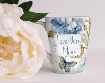 Antique Floral Latte Mug Vintage Inspired Blue Hydrangea Wide Mouthed Cup Gift For Mom Blue  Coffee Ceramic Drinking Vessel Mothers Day