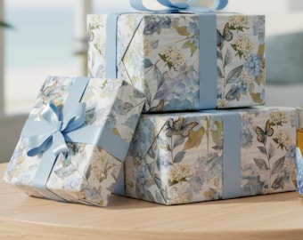Botanical Wrapping Paper Blue Hydrangea Watercolor Floral Bouquet Gift Wrap Flower Stripe Print Design Papery Roll Artistic Paperie Cover