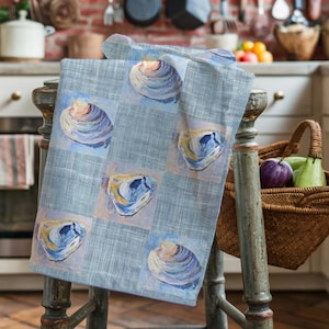 Oyster Shell Tea Towel Nautical Cotton Kitchen Decor Beach Lover House Warming Gift Blue Clam Shell Cotton Towel Marine Themed Hand Towel