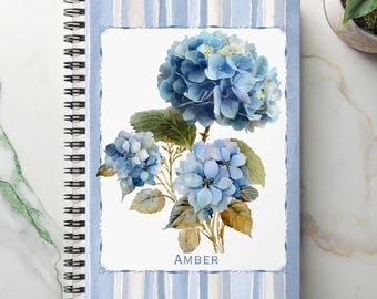 Hydrangea Stripe Spiral Notebook Personalized Floral Ruled Journal Nantucket Coastal Garden Design Named Gratitude 2026 Flower Lover Gift