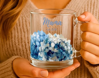 Mama Painterly Blue Hydrangea Clear Glass Mug Hand Brushed Floral Mom Coffee Cup Mothers Day Cold Drink Present Customized Established Date