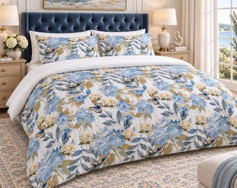 Botanical Blue White Duvet Bedding Garden Floral Pillow Sham Set King Queen Watercolor Coastal Cottage Print Grandmillennial Bedroom Decor
