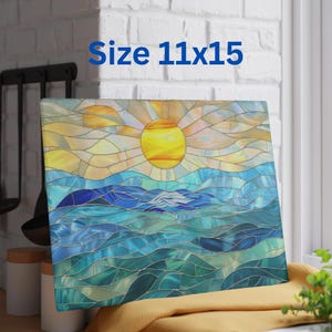 May include: A stained glass style cutting board with a blue and green ocean scene and a yellow sun in the sky. The board is 11x15 inches.