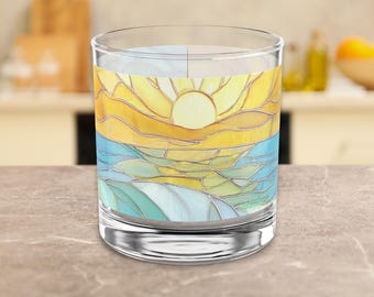 Sunrise Wave Mosaic Rock Glass Ocean Lover Whiskey Beverage Cup Beach Themed Drink Ware Nautical Home Bar Decor Collectable Coastal Kitchen