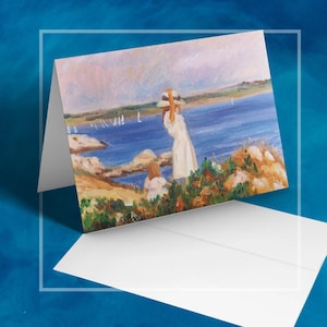 Cartão de notas com paisagem litorânea, arte de praia, cena do oceano, vista para a água, arte marítima, papel para escrever notas, design costeiro, papelaria náutica